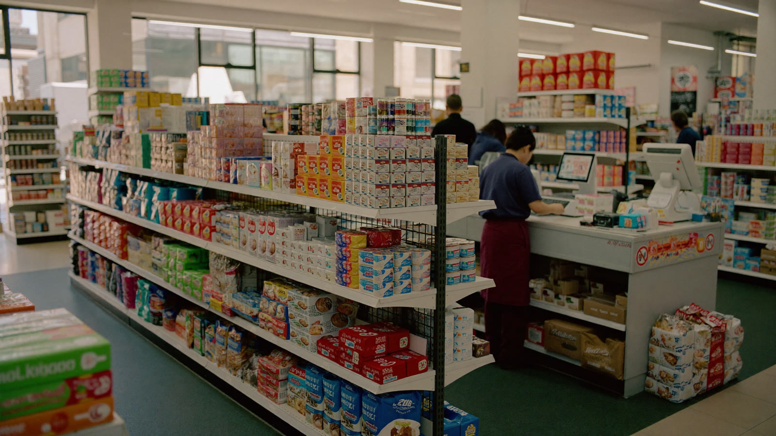 A worker stocking shelves in a discount store while customers browse in the background.